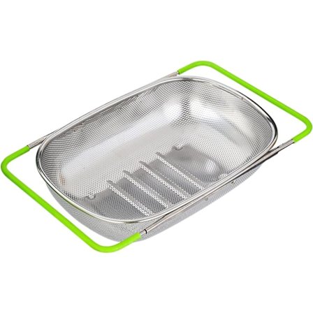 Udtrækkelig dørslag til vask (38-54 cm), finmasket si i rustfrit stål til køkken, afdrypning af pasta, vask af grøntsager, ris, frugt og opvask