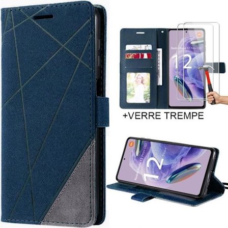 Fodral för Redmi Note 12 Pro+-Note 12 Pro Plus + 2 härdade glasögon - Marinblått syntetiskt läder