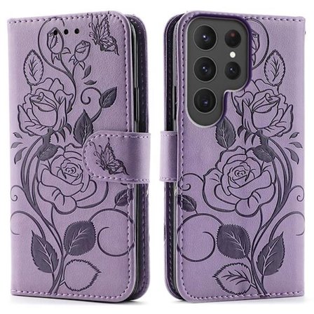 Galaxy S25 Ultra Konstläder Plånboksfodral Imprinted Rosa Butterfly - Lila