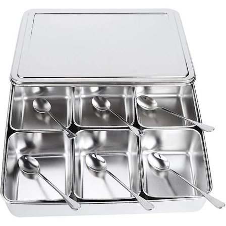 6-roms krydderboks i rustfritt stål, oppbevaringssett med skje, kjøkkenutstyr egnet for hjemmekjøkken, sukker