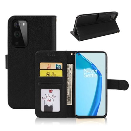 OnePlus 9 Wallet Case Leather Leather Saces Black