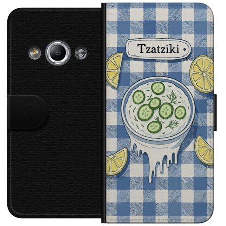 Kompatibelt Lommeboketui til Samsung Galaxy Xcover 3 Gresk tzatziki bolle illustrasjon, agurk sitron dill blått rutete mønster, kjøkkenplakat desig