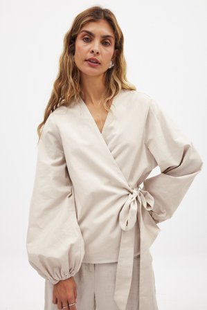 NA-KD Blouse cache-cœur en lin mélangé - - Beige - EU 38