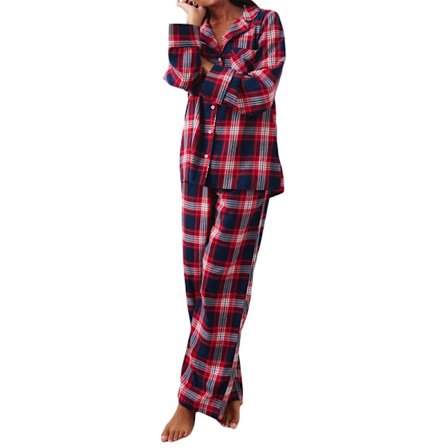 Dame Pyjamassæt 2 Dele Knap Ned Pjs Blød Langærmet Top og Bukser Nattøj Sæt Loungesæt
