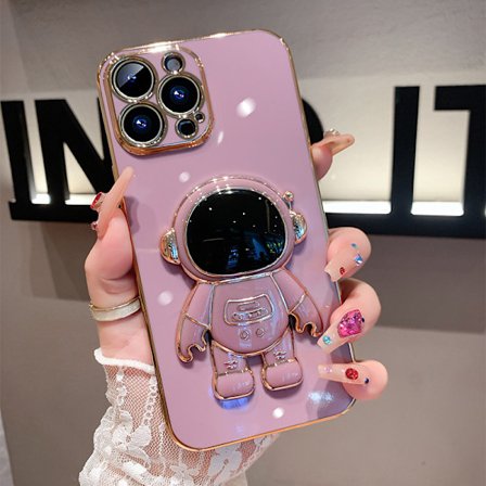 6D Elektroplettet Astronaut Skjult Stativ Etui til iPhone Kvinner Astronaut Folding Stativ iPhone Etui med Kamerabeskytter Myk TPU Støtsikkert Deksel