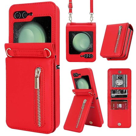 Z Flip 5 Plånboksfodral, Crossbody Dragkedja Läderfodral med Stativ för Samsung Galaxy Z Flip 5 med Kortfack
