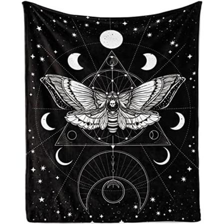 Blød Gothic Dødsmøl Flannel Tæppe, Cozy Plush Dødskalle Tæppe Boho Sol og Måne Tæppe, Letvægts Skelet B