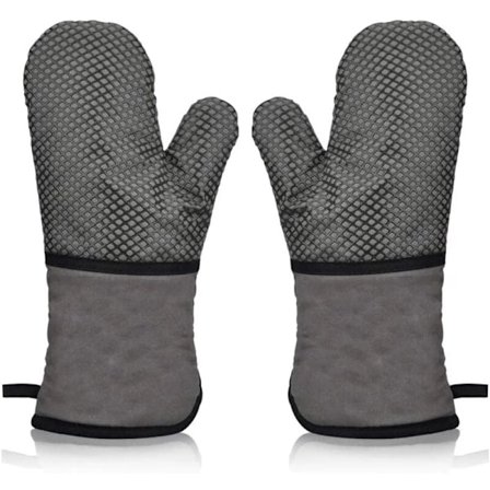 Ovn handske, varmebestandige ovn handsker, grydelapper, grill ovn handsker, ovn vanter, ovn vanter, skridsikre silikonebelagte lange ovn handsker (grå