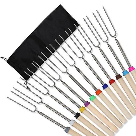 8 stk. Ristestik i rustfrit stål, pølsegaffel, teleskopisk, U-formet, justerbar