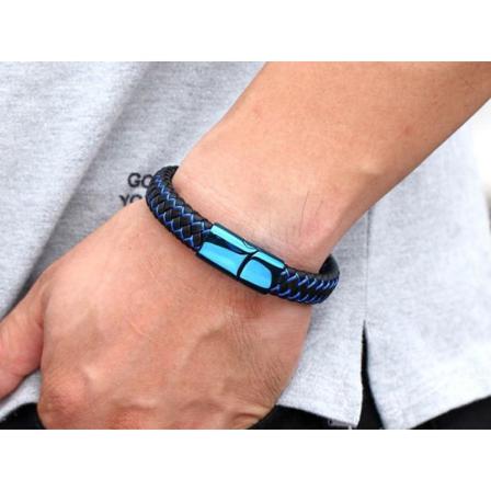 Läder Armband 21 Cm Svart Fläta Med Blått Magnetlås