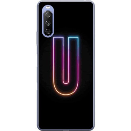 Yhteensopiva Puhelinkuori Sony Sony Xperia 10 III Minimaalinen neonkirjain U kirkkaalla valaistustehosteella mustaa taustaa vasten