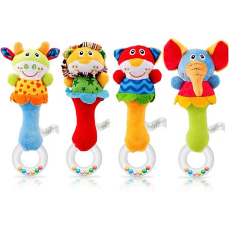 Baby Soft Rattle Sensory Toys - 4 Pack Newborn Plush Rattle Animal Grip Set med tandringar Tidiga lärande leksaker för småbarn 0 - 12 månader