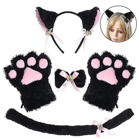 Cat Costume Cosplay Plush Headwear Clip Ear Bow Tie Tail Gloves Set