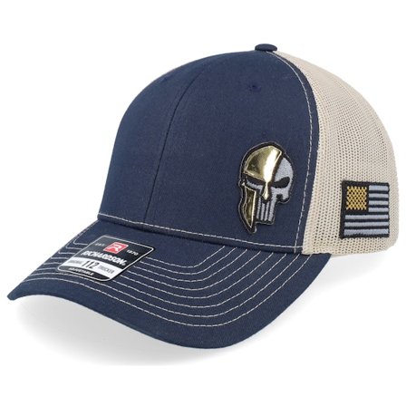 Army Head - Blå trucker Caps - Army Skull Usa Gold Patch Navy/Khaki Trucker @ Hatstore