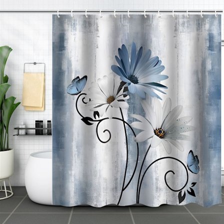 Rustiikkinen maalaistalon suihkuverho, sininen maalaismainen daisy-kukka ja perhonen maalaispuisen suihkuverhon päällä kylpyhuoneeseen, 70X70IN, 