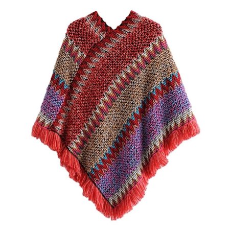 Mongolsk Poncho Pullover Tassel Sjal RØD