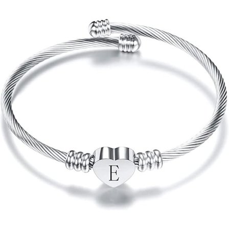 Smycken Kvinnor Flickor Initial Brev Manschett Armband Silver Alfabetet Kärlek Hjärta Armband Armband Present till Födelsedag(E)