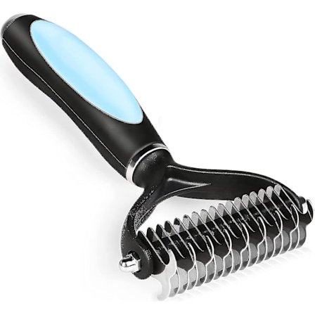 Kjæledyrstellverktøy Dematteringskam for hunder og katter 2-sidig underpelsrive for enkel fjerning av floker og knuter, blå