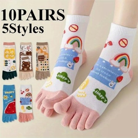 10 par søte 5-finger sokker tegneserie dame tåsokker med separate fingre midtrørs fem-finger sokker sport yoga vår sommer