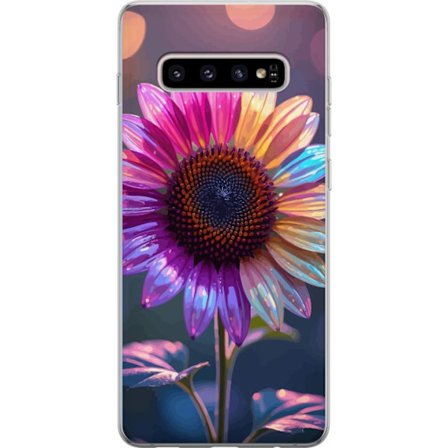 Kompatibelt Mobildeksel til Samsung Galaxy S10+ Irideserende blomst med glitrende kronblad i rosa lilla og gull mot myk bokeh bakgrunn