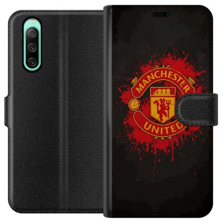 Kompatibelt Lommeboketui til Sony Sony Xperia 10 IV Manchester United logo i rød og gul farge med røff sportslig bakgrunn