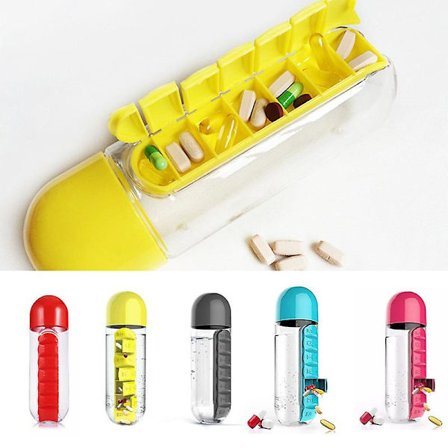 Pillerburk Kombinerad Vattenflaska 600ml Gratis Rese- 7 Dagars Pillerkopp 2-i-1 Vattenflaska Med Pillerorganisatör