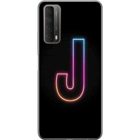 Yhteensopiva Puhelinkuori Huawei Huawei P smart 2021 Minimaalinen neonkirjain J värien vaihtuessa valossa mustaa taustaa vasten