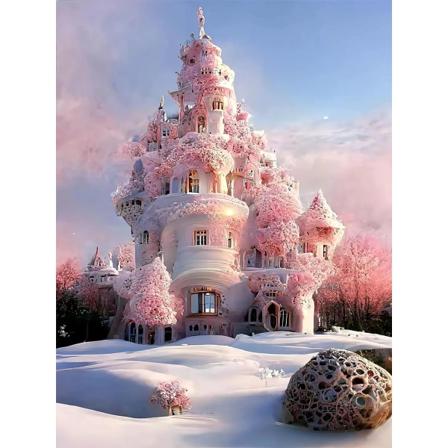 (30 x 40 cm, Pink Snow Castle) Diamantbroderisats, Cross Stit