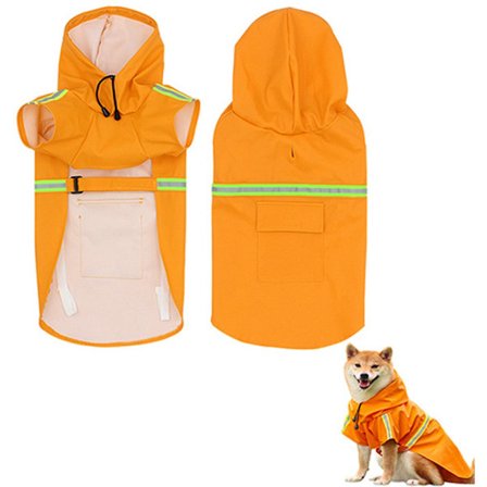 Hunderegnfrakke med hætte, Reflekterende kæledyrsregnfrakke, Hundeonesie, PU-materiale, snøre og reflekterende striber, Orange, L