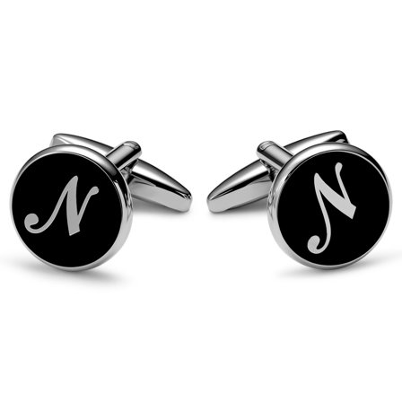 Round Silver-tone and Black Initial N Cufflinks for Men