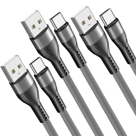 Förpackning med 3 snabba USB-C-kablar 3A för Google Pixel 9 - 9 Pro - 8 - 8a - 8 Pro - 7 - 7a - 7 Pro - 6 - 6 Pro - 6a - 1 Meter Grå Nylon