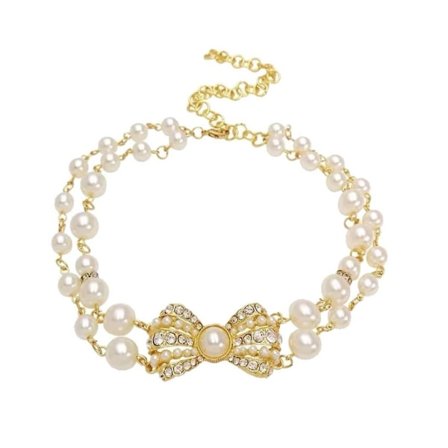 (Guld) Vintage Halsband i Hovstil med Pärlor och Diamanter