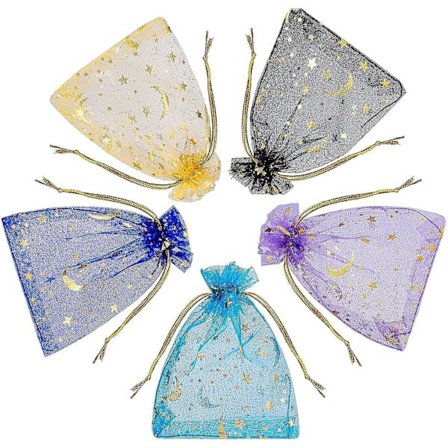 100 stk Organzaposer, 9*12cm Mix Farge Organzaposer Sachet Med Stjerne Og Månemønster Daglige Smykkegaver Gull Linje Sliver Godteripose Til Bryllup