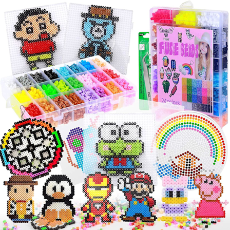 24 värin 5 mm:n Hamahelmisetti lapsille, sisältää 4200 askarteluhelmeä, värinumerot ja täyttöpussin, 2 pinsettiä, 2 suurta pohjalevyä, 5 silkkipaperia