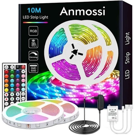 LED-stripe 10m, Flerfarget LED-stripe med 44-tasters infrarød fjernkontroll og 220V240V strømforsyning, SMD 5050 RGB Ribbon L 56