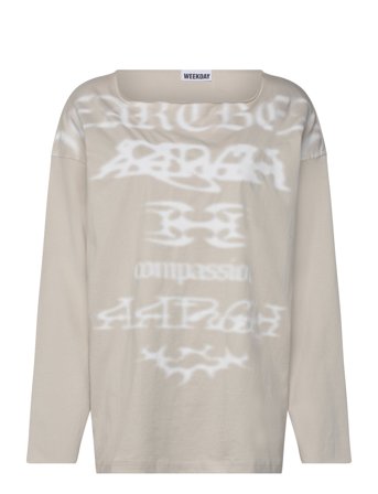 Weekday Long-Sleeved Boat-Neck Printed Cotton Top - Beige - M