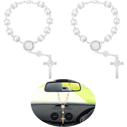 Bil Rosenkrans til Bakspejl, 2 Stykker Bil Spejl Hængende Kors Auto Rosenkrans Bak Spejl Vedhæng Bil Hængende Tilbehør Interiør Dekorationer f