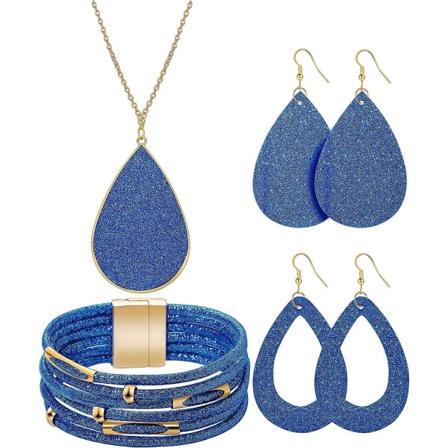 Glitrende lær smykkesett for kvinner brude bryllup flerlags armbånd imitert skinn dinglende øredobber stort anheng langt halskjede (d-583-a) blue
