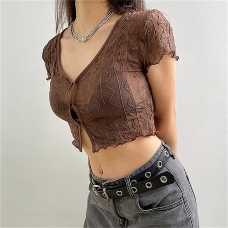 Sexig Vintage Dam T-shirt Med V-ringad Se Genom Grundläggande Beskurna Toppar
