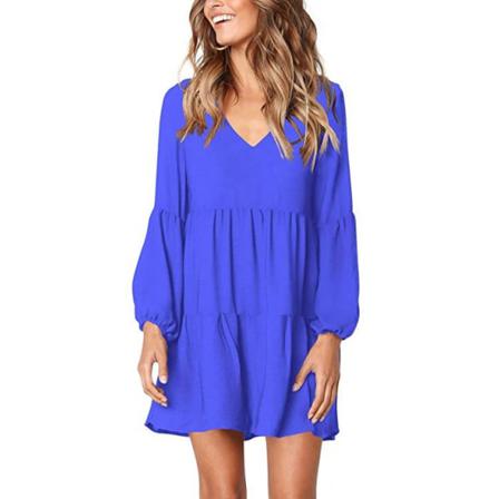 Kvinnor V-ringad Klänning Lykta Kortärmad Volang Lös Swing Summ