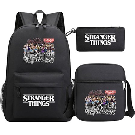 [14Y] Stranger Things Ryggsekk 3-delt Sett Student Skolesekk Canvasveske 19