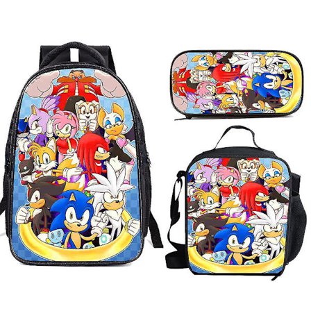 3pcs/set Sonic The Hedgehog Backpack Anime 16 Inch School Bag With Polyester Pencil Bag Lunch Bag