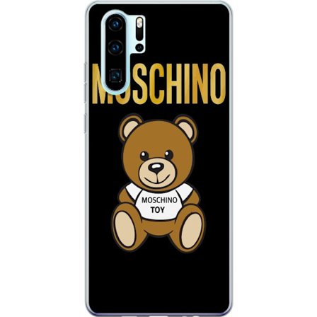 Kompatibelt Mobilskal till Huawei Huawei P30 Pro Moschino-inspirerad nallebjörn med text på tröjan, centrerad mot svart bakgrund med tydlig mode- o