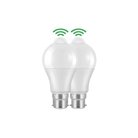 2-pakning B22 Bajonett LED Bevegelsessensor Pærer, 12W, 1020lm, Kald Hvit 6000K, CRI 85, IP42 Vanntett, Energibesparende, Ikke-Dimbar