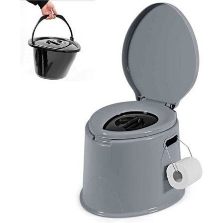 COSTWAY WC Kemisk Portable Toilet med Inderskuffe 5L og Toiletpapirholder Last 200KG til Campingvogn, Trailer og Hospital Grå