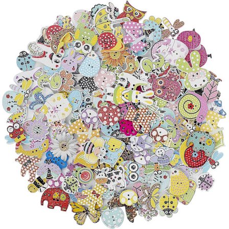 Træsyknapper i forskellige farver med dyremotiver til syning, håndværk, scrapbooking og gør-det-selv-pynt - 150 stk.