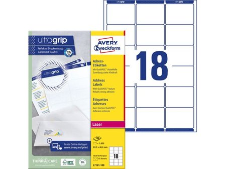 AVERY ZWECKFORM Etikett UltraGrip 63,5x46,6mm 1800/fp - Lyreco - Emballage och lagerutrustning - Etiketter och godsmärkning - Adressetiketter