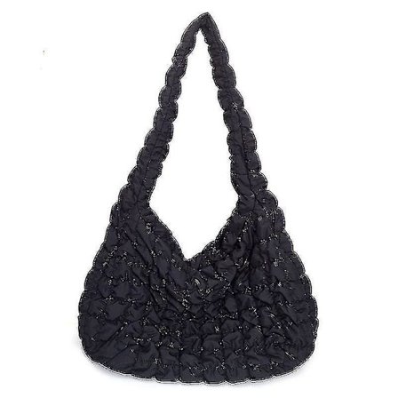 Avslappet stor tote skuldertaske designer rynket tote nylon quiltet polstret crossbody taske sort