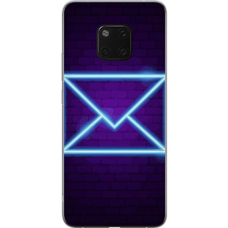 Yhteensopiva Puhelinkuori Huawei Huawei Mate 20 Pro Neonilta illuustraatio kirjekuoresta sinisessä valossa lila tiiliseinää vasten, nykyaikainen sy