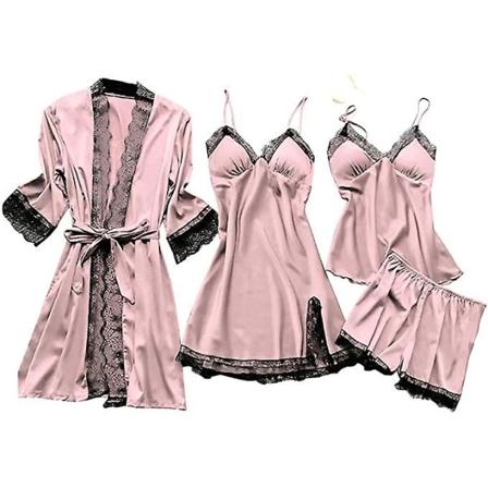 Yöasusetti Silkkipyjama Yöpaita (4 osainen setti)